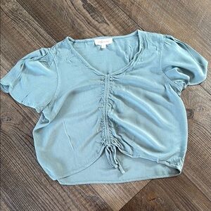 Pink Rose Blue Crop Blouse with Ruched Tie Front